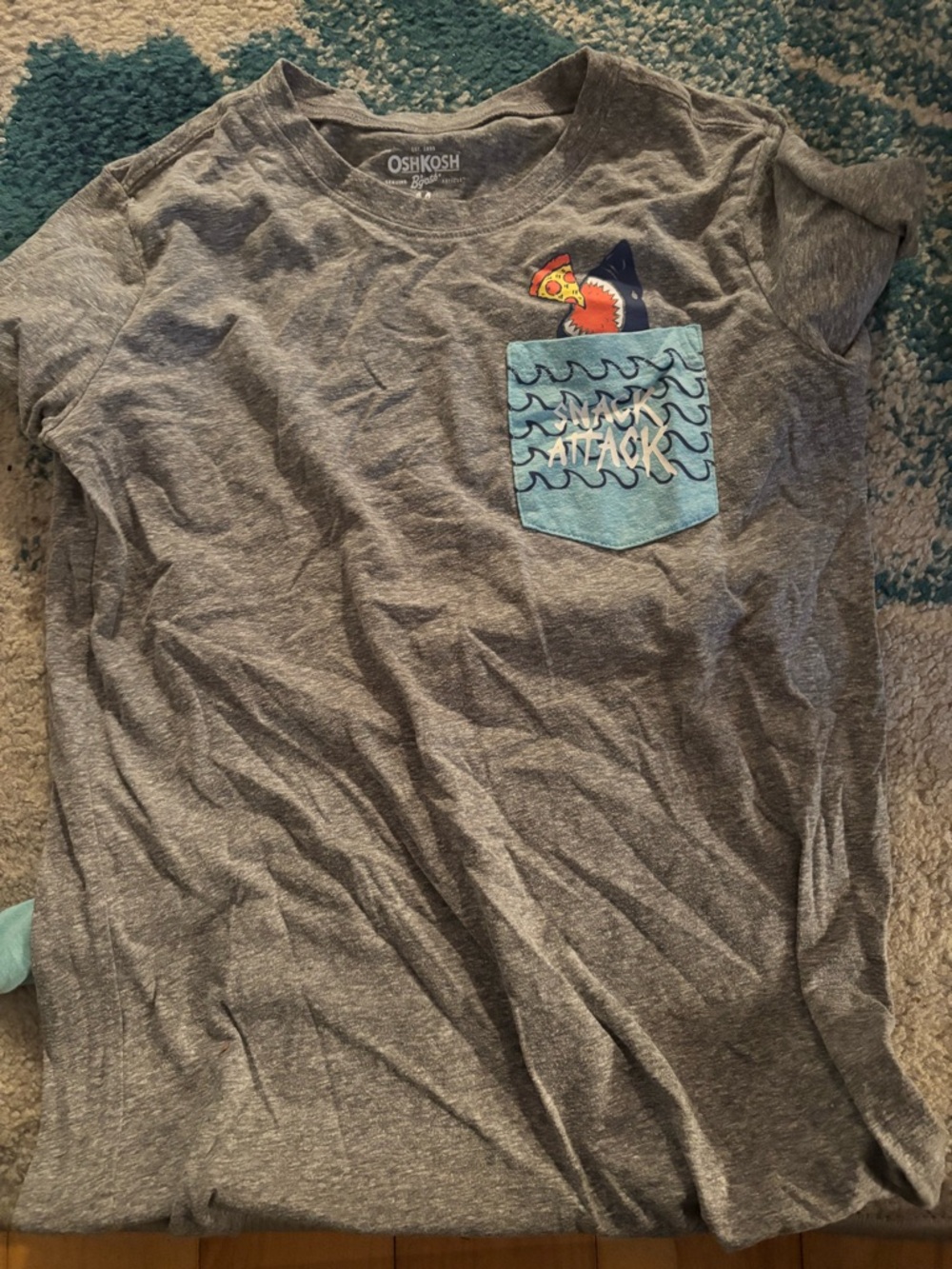 OshKosh B'gosh Gray Tee with Blue Pocket and Shark Pizza Graphic